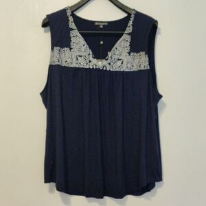 Adrianna Papell Blue and Cream Embellished Sleeveless Tank Top